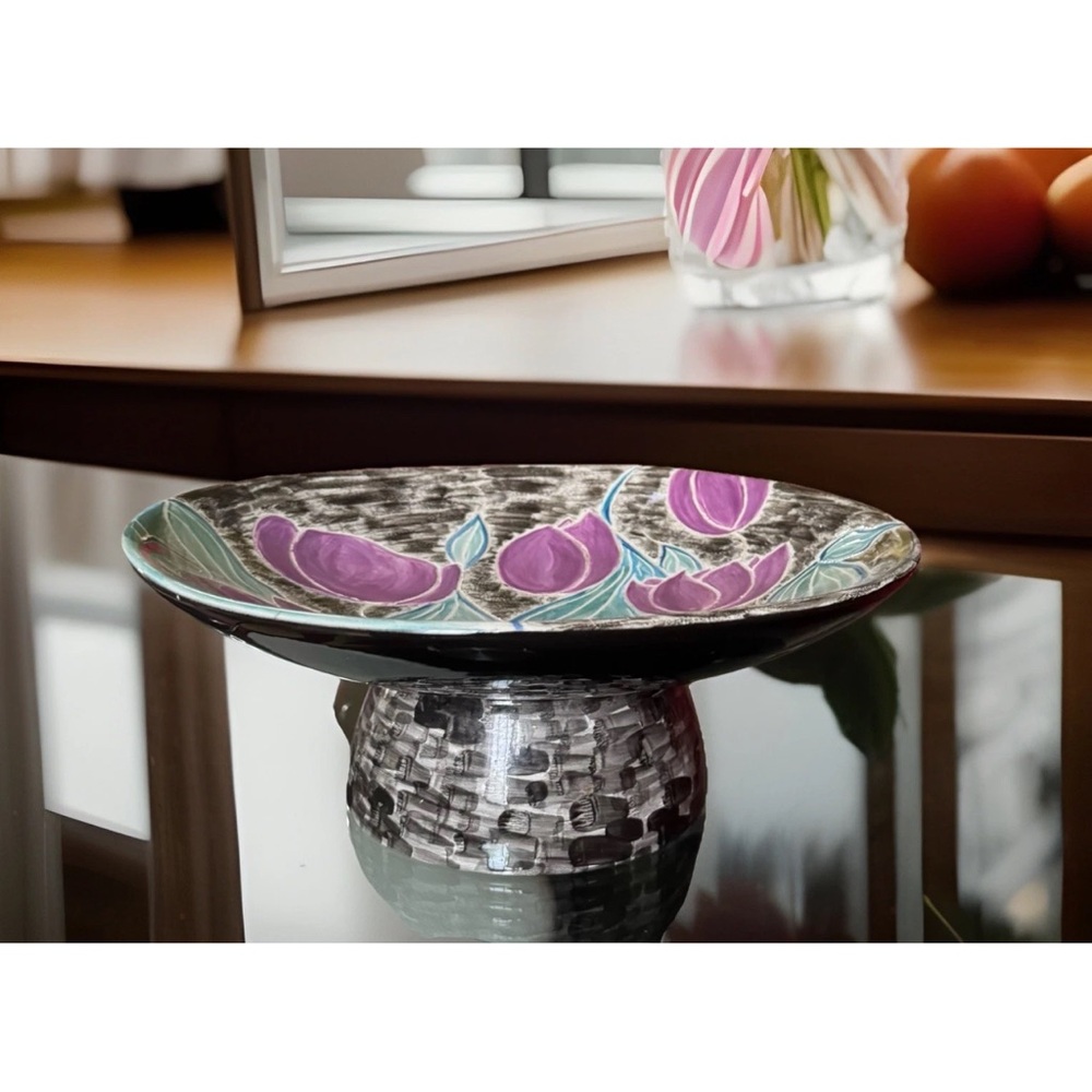 Handmade Signed TUROV Pottery Bowl Vase Pedestal Purple Tulip Floral  Studio Art
